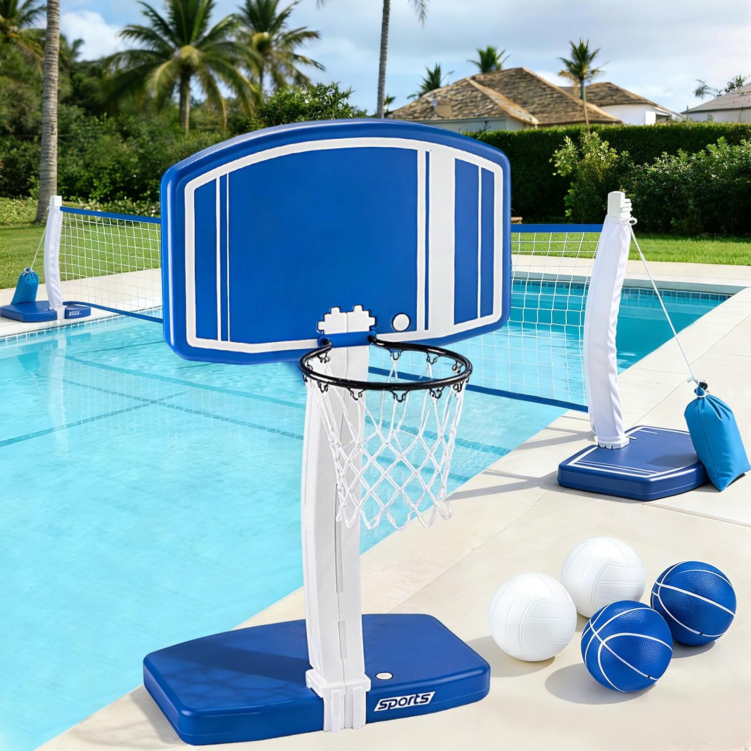 Basketball Hoop - 地上プール用バスケットボールフープとバレーボールネット2-in-1、3歳から12歳の子供、ティーン、大人向けの屋外ウォーターゲーム玩具、家族でプールサイドで夏の楽しみを