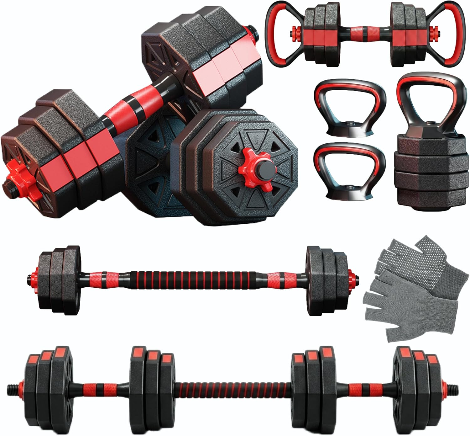 Dumbbell Set - 6-in-1調節可能なダンベル＆バーベルウェイトセット、45LB八角形アンチロール鉄砂＆セメント複合ウェイト、オールインワンホーム用