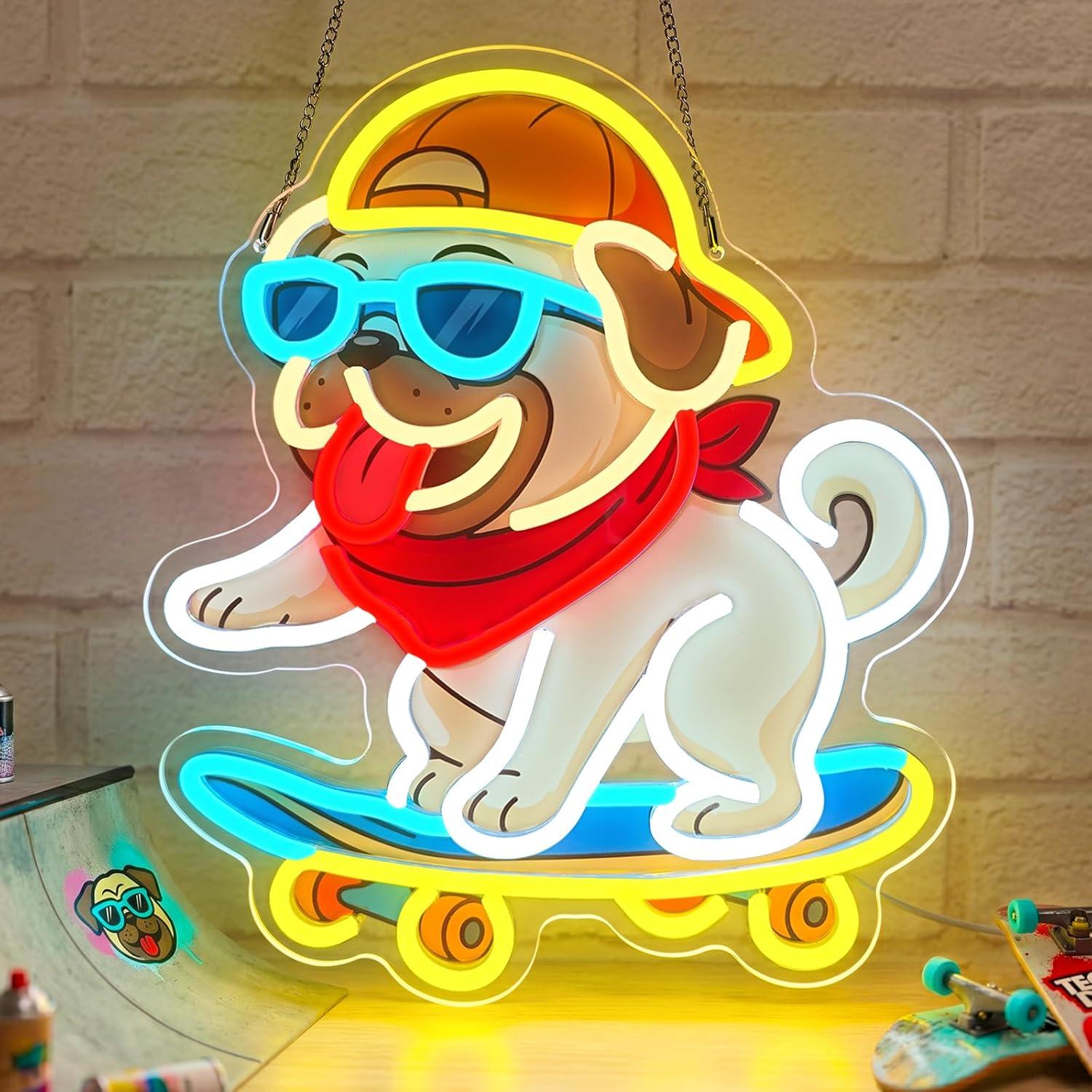 スケートボード犬のネオンサイン、調光機能付きLEDライト。寝 - Skateboard のレビューと価格